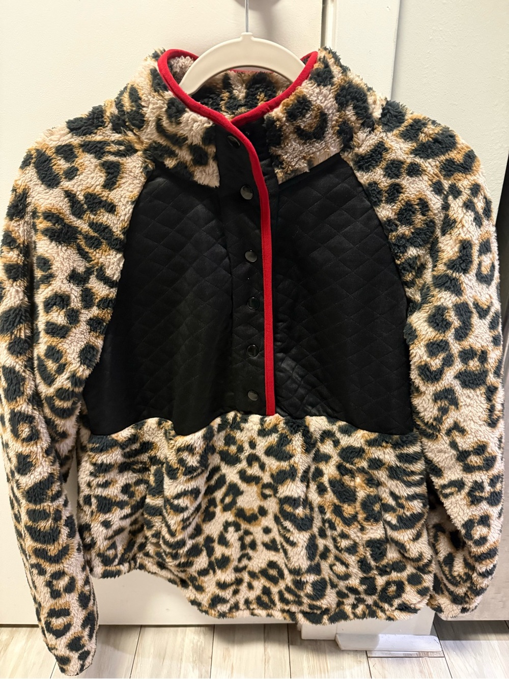 Maurices Leopard Sherpa Jacket with Black Quilted Front and Red Trim
